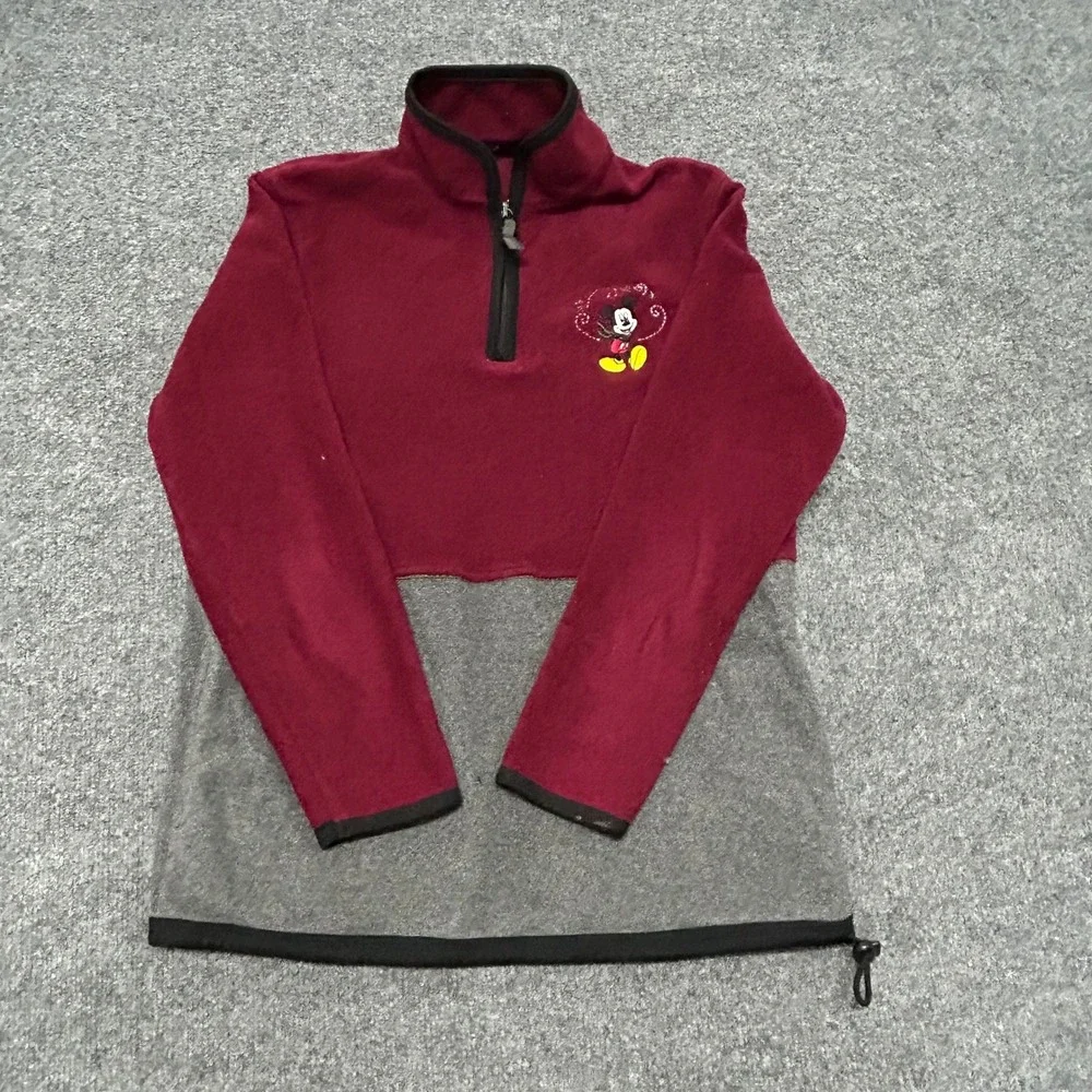 Disney Fleece Pullover Womens Size M Maroon Grey Colorblock Mickey Mouse 1/4 Zip
